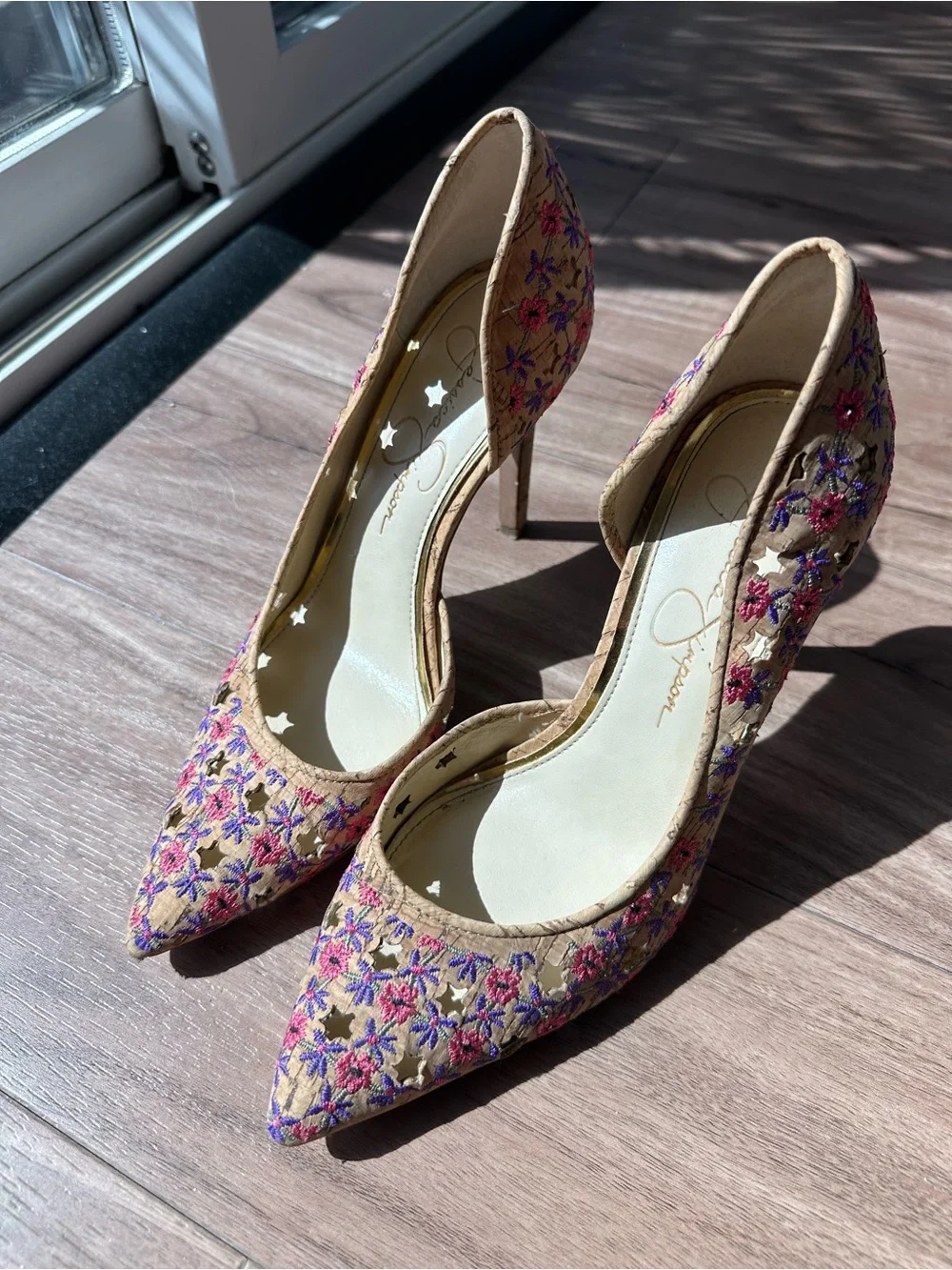 Jessica Simpson Claudette Pink Multi Floral Cork D’Orsay Pumps